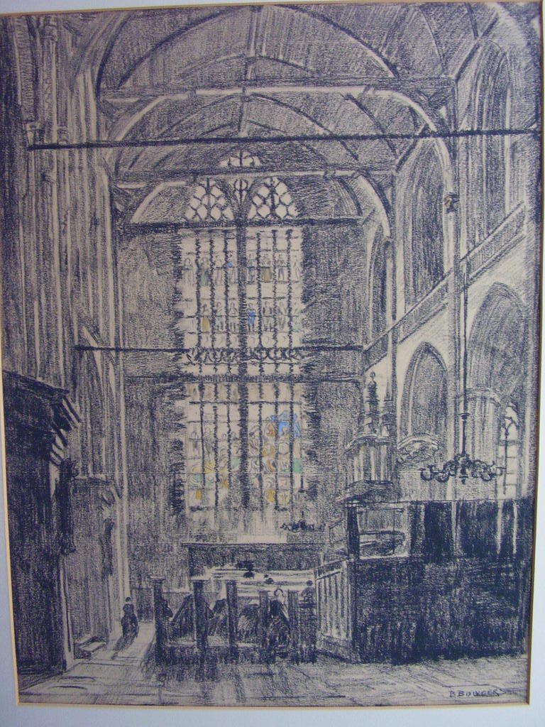 B.A. Bongers: grote krijttekening met aquarel, kerkinterieur kopen? Bied vanaf 100!