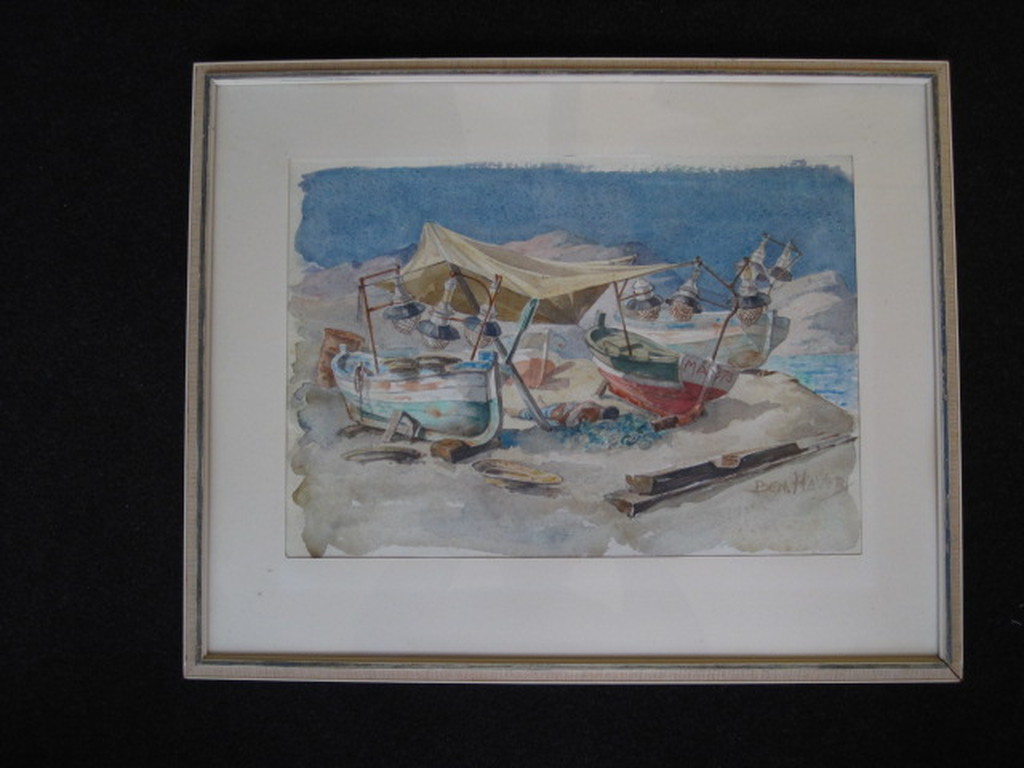 Grote gesigneerde Aquarel " vissersboten op strand Mallorca " kopen? Bied vanaf 25!