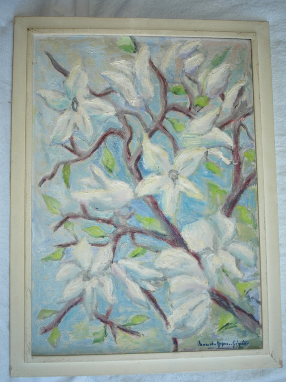 MARISKA HOFMAN-GÁSPÁR (1910) – Olieverf  – Witte lelies – Gesigneerd & ingelijst verkocht voor € 100!