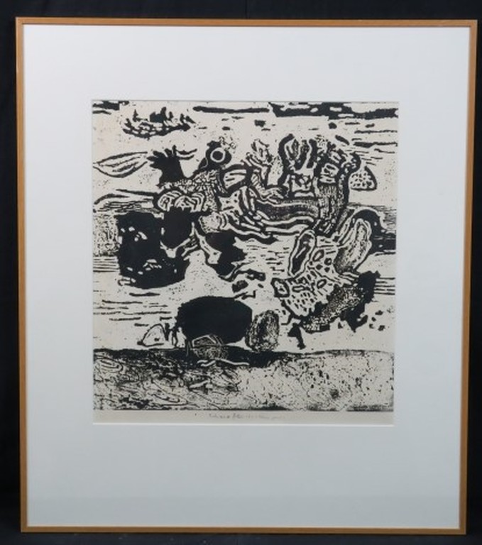 Eduard Flor: Houtsnede, Icarus - Ingelijst verkocht voor € 50!