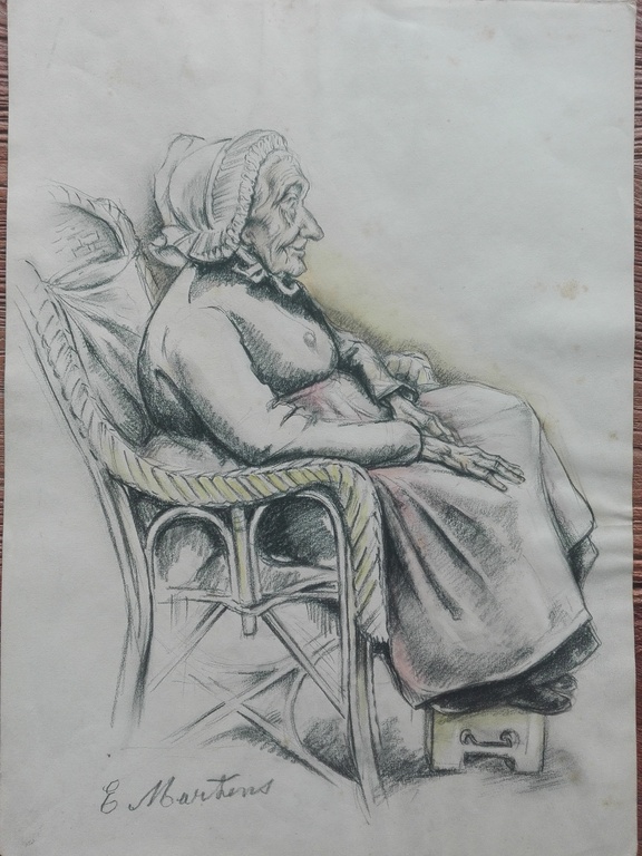 Gijsbert George Martens, Groninger Ploeg potloodtekening, oude zittende vrouw verkocht voor € 43!