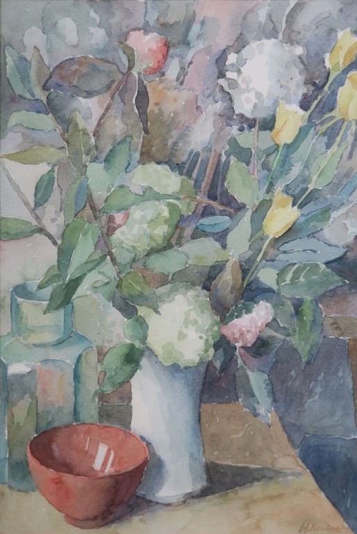 Han Koning: Aquarel, Bloemstilleven met rode kom - Ingelijst kopen? Bied vanaf 1!