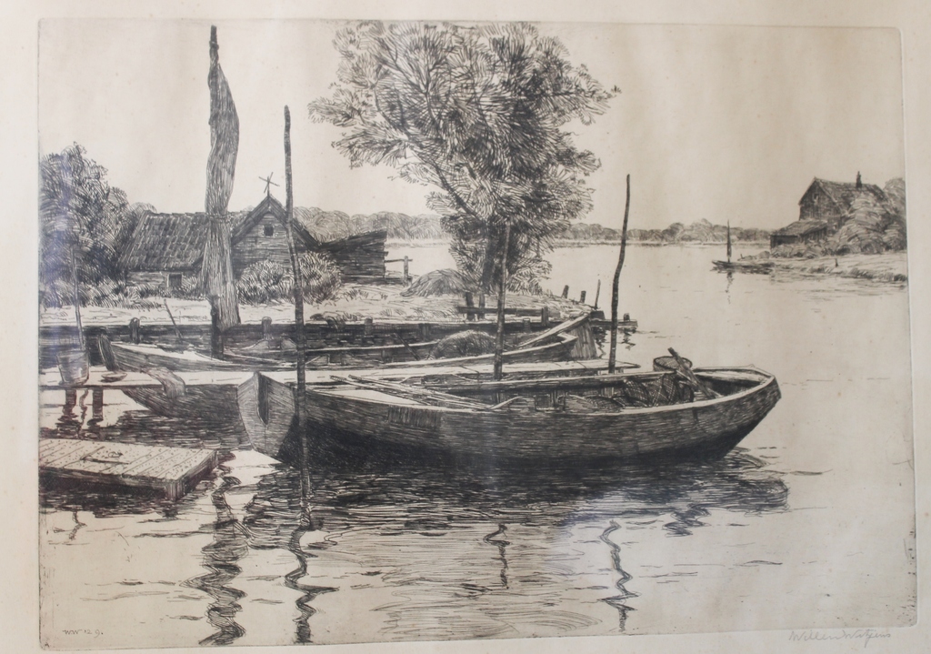 Willem Witjens, Rivierhaven met bootjes, ets (1929), ingelijst achter glas kopen? Bied vanaf 20!