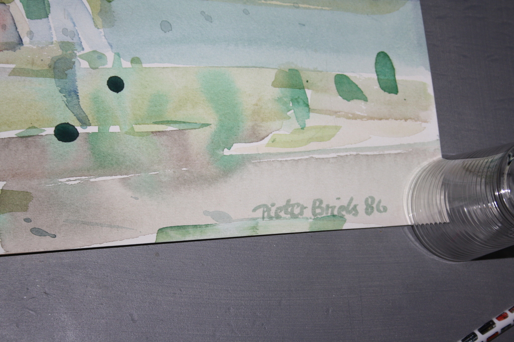 Pieter Briels: grote aquarel, landschap met dorp kopen? Bied vanaf 70!