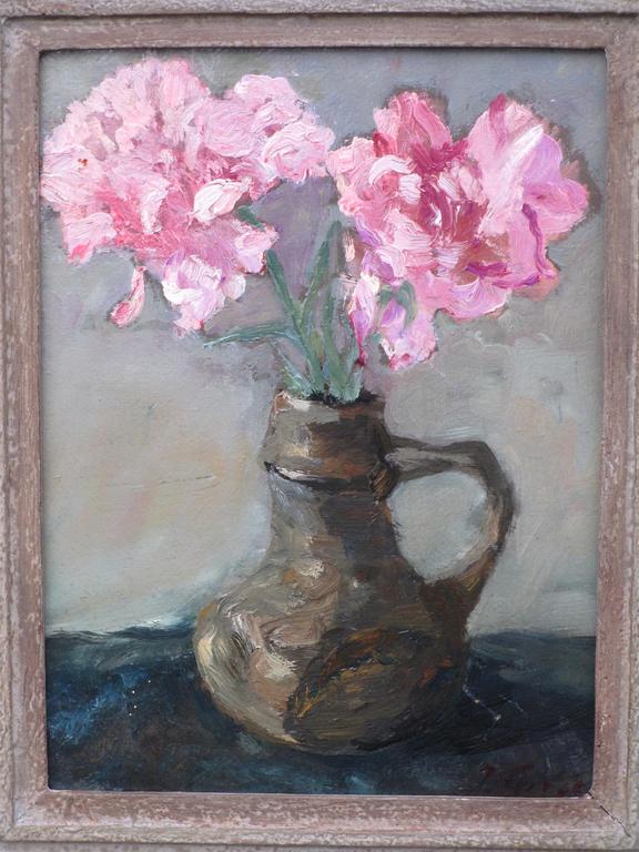 J.Surie, Bloemen in stenen kruik, Olie op board verkocht voor € 50!