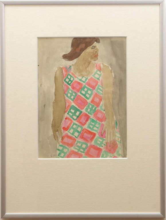 Kees Franse, Aquarel, Vrouw in jurk met blokmotief verkocht voor € 50!
