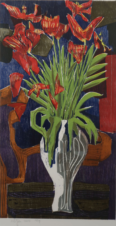 Vincent van Ojen: Houtsnede, Bloemstilleven - Ingelijst verkocht voor € 60!