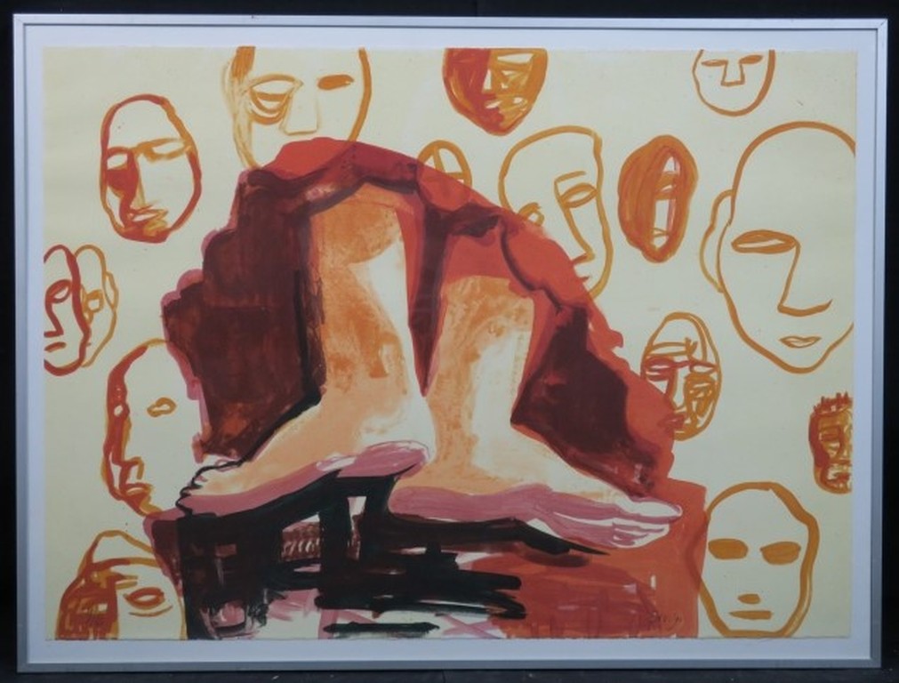 Elizabeth de Vaal: Litho, Compositie met hoofden en een paar voeten - Ingelijst kopen? Bied vanaf 20!