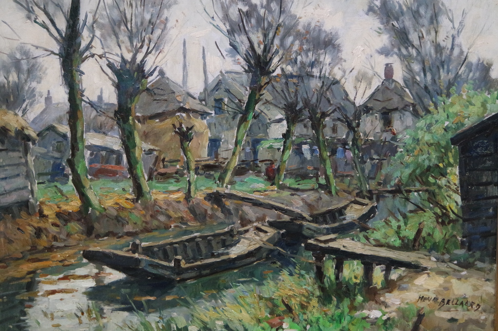 Henk Bellaard (1896-1975) -olieverf op doek-landschap met bootjes en boerderijen verkocht voor € 325!