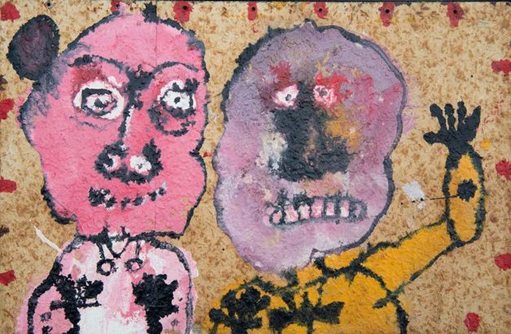 Rik van Iersel - Two kids - acryl op papier op board - 1984 verkocht voor € 275!