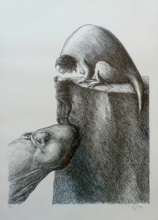 Roland Topor - ingelijste litho: Aide - 1977 verkocht voor € 85!