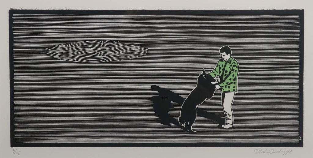 Pieter Becks: Houtsnede, Hond en ik II - Ingelijst kopen? Bied vanaf 20!