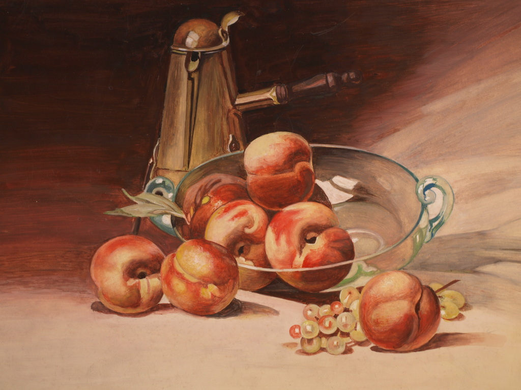 Onbekende kunstenaar – Gouache - Stilleven –Fruitschaal met perziken + koffiepot kopen? Bied vanaf 1!
