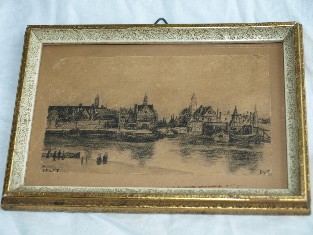 Monogram BVF of BVT : Tekening – Stadsgezicht Delft – Ingelijst - Oud kopen? Bied vanaf 1!