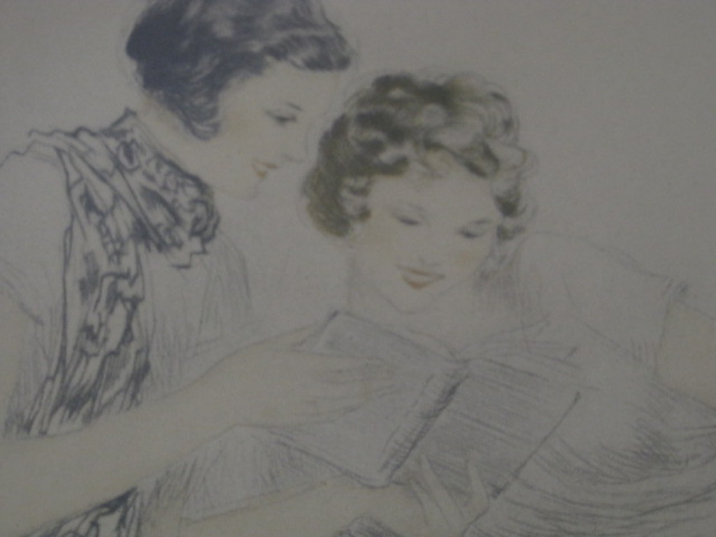 Originele Louis Icart (1888-1950) Kleuren Lithografie "2 lezende dames" ca. 1930 verkocht voor € 60!