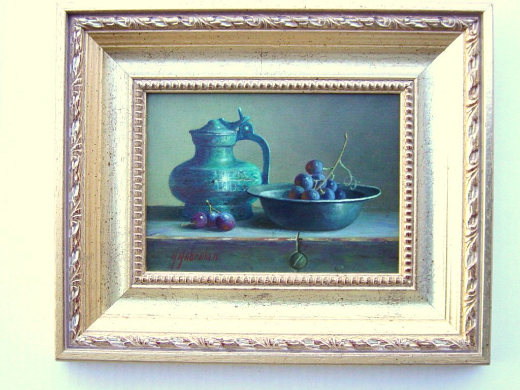 Hans Habraken - olieverf op paneel - stilleven druiven en dekselpot kopen? Bied vanaf 275!