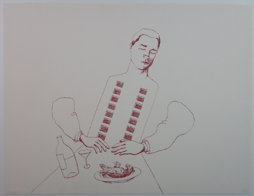 Hans van der Ham: Zeefdruk, Surrealistisch tafelscenario kopen? Bied vanaf 1!