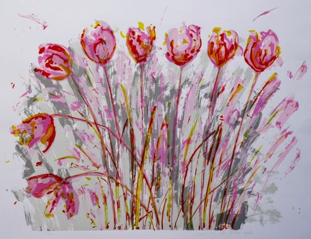 Lukie de Bree: Zeefdruk, Tulpen, Gesigneerd, 1984 verkocht voor € 45!