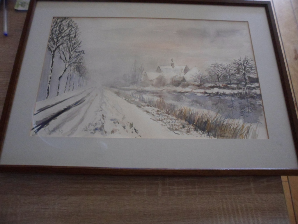 K.Spaan Aquarel uit 1977, Landweg met boerderij in de winter. kopen? Bied vanaf 1!