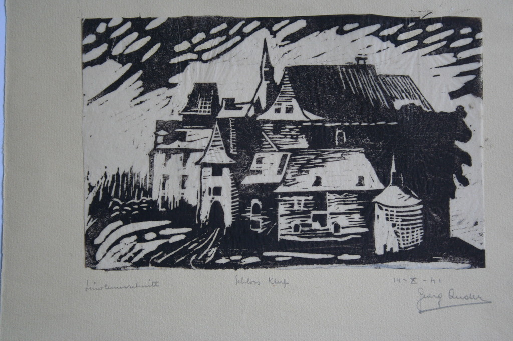 Onbekende kunstenaar - linoleum schnitt- Schloss Klerf gesigneerd kopen? Bied vanaf 1!