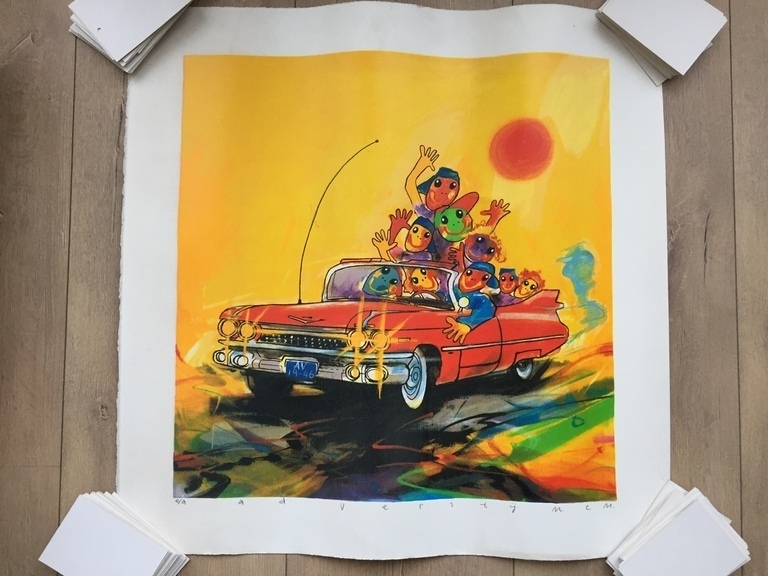Ad Verstijnen: Cadillac. Zeefdruk op handgeschept papier / E.A. 80x80 cm verkocht voor € 77!