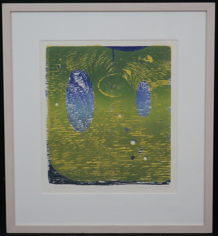 Joris Geurts: Houtsnede, Zonder titel (geel/blauw) - Ingelijst verkocht voor € 35!