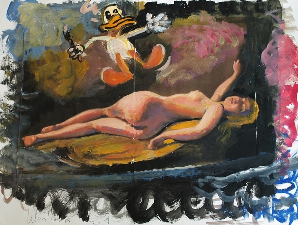 Peter Klashorst : acrylverf op papier , Vrouw met Eend – 2016 kopen? Bied vanaf 50!