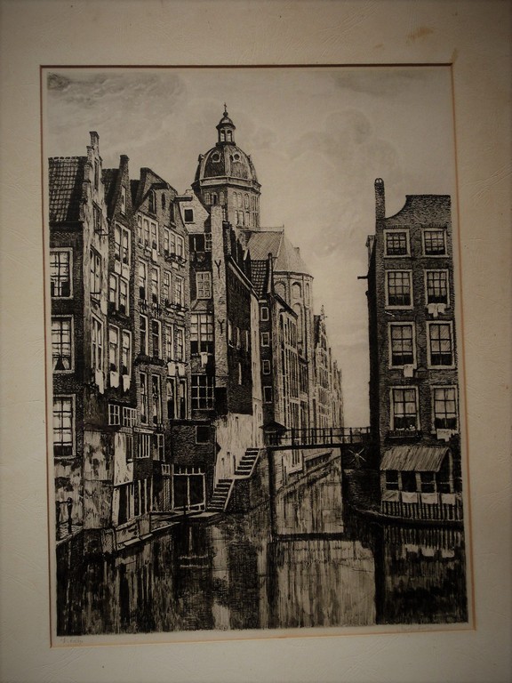 Grote ingelijste en gesigneerd Ets "het Kolkje en st Nicolaaskerk Amsterdam"  kopen? Bied vanaf 1!