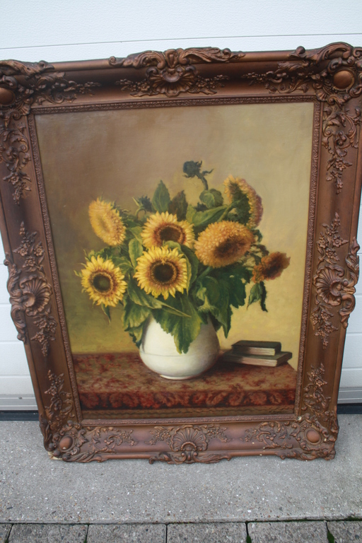 Groot bloemen schilderij ZONNEBLOEMEN door WILLEM RAAPHORST verkocht voor € 220!