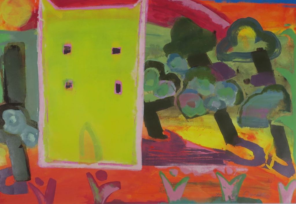 Xandra Donders: Gemengd techniek, Geel huis met boompjes kopen? Bied vanaf 20!