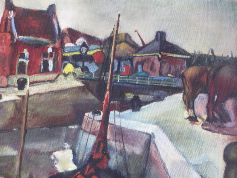 F. Vermeyen, Stadshaven met schepen en paarden, Olieverf op doek kopen? Bied vanaf 1!