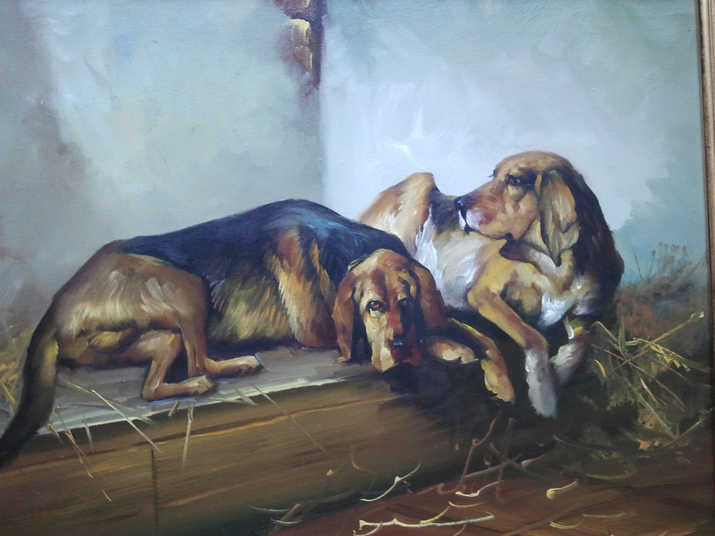 twee liggende honden, Olieverf op board (marouflé) kopen? Bied vanaf 1!