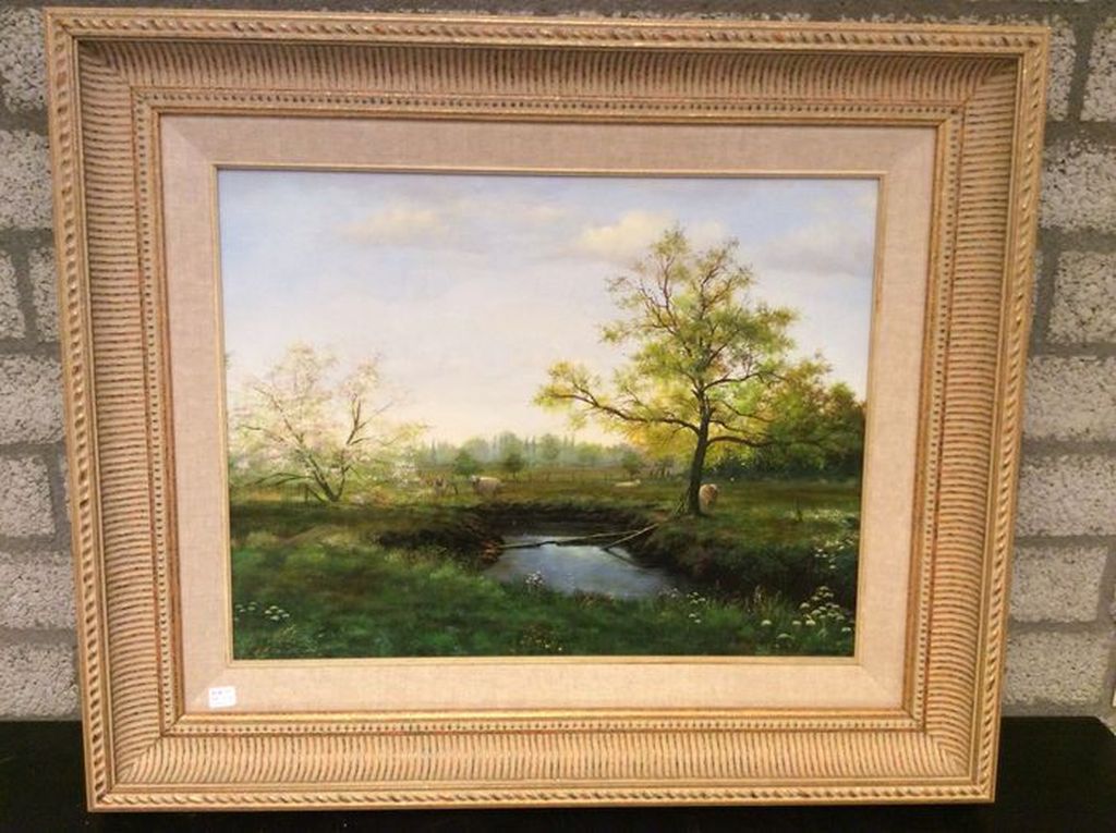 Landschap met beekje en schapen - olieverf op paneel - gesigneerd kopen? Bied vanaf 495!