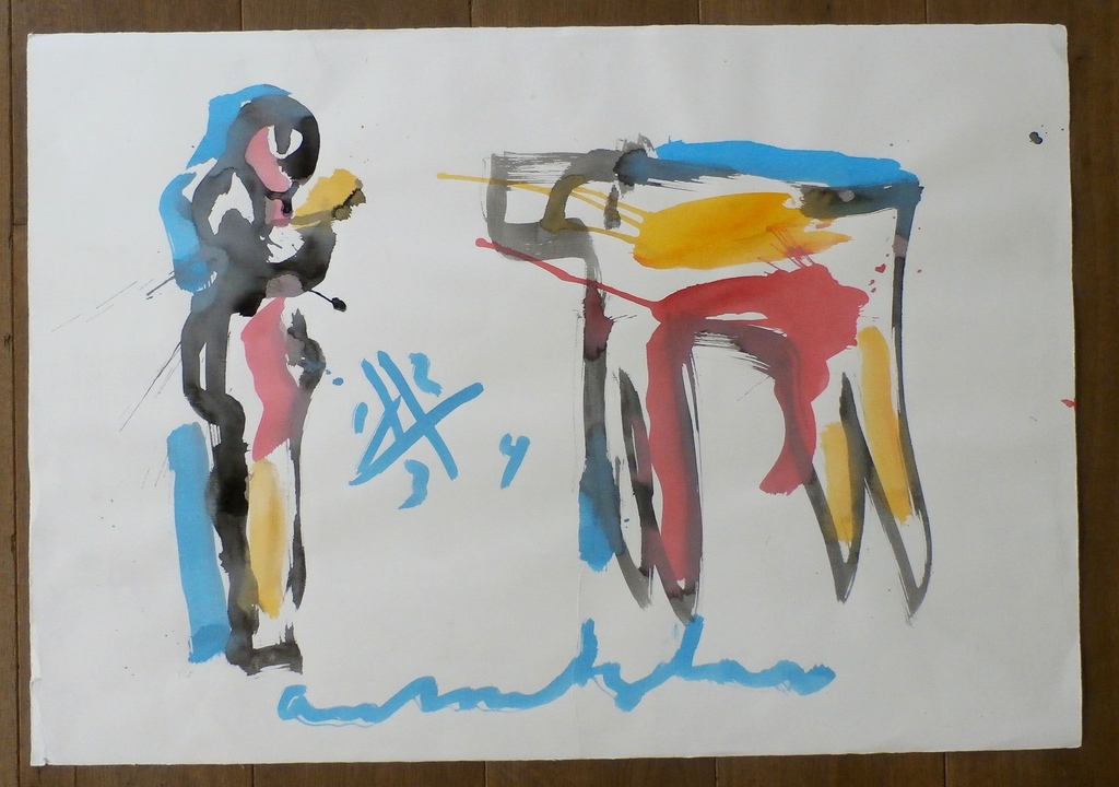 Anton Heyboer - aquarel: mens en oerdier/systeem kopen? Bied vanaf 50!