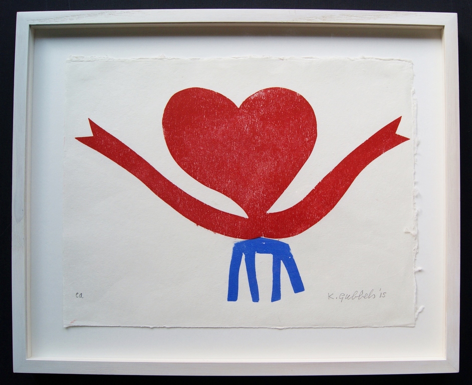 Klaas Gubbels houtdruk 'Hartenkan op tafel' - 2015 - oplage E/A.  kopen? Bied vanaf 425!