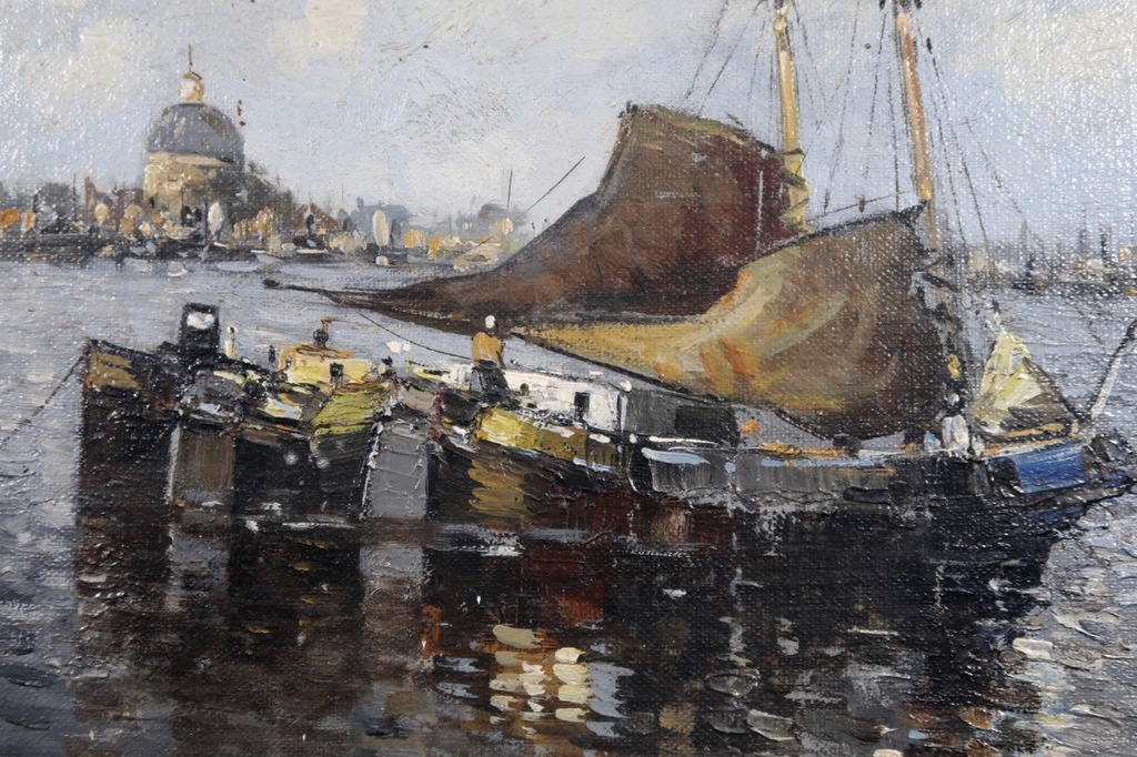 Charles Petit: Olieverf op doek, Afgemeerde platbodems - Ingelijst kopen? Bied vanaf 350!