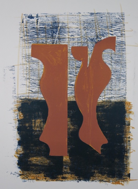 Klaas Hoek: Litho, Abstracte compositie met 2 bruine figuren kopen? Bied vanaf 1!