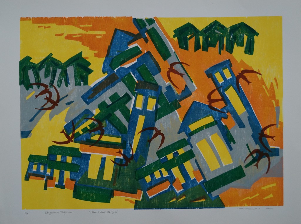 Angenelle Thijssen - gesigneerde houtsnede - vlucht door de tijd - stadsmuseum kopen? Bied vanaf 15!
