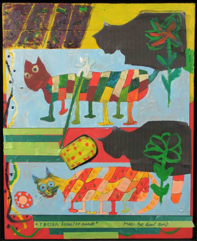 Meertje Kaal: Acryl en Collage op paneel, Tussen hemel en aarde - Ingelijst kopen? Bied vanaf 1!