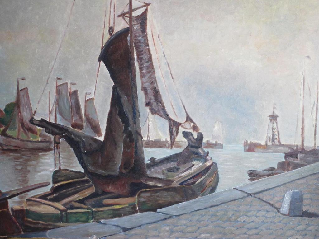 Onbekende kunstenaar, Schepen in vissershaven, Olie op board kopen? Bied vanaf 1!