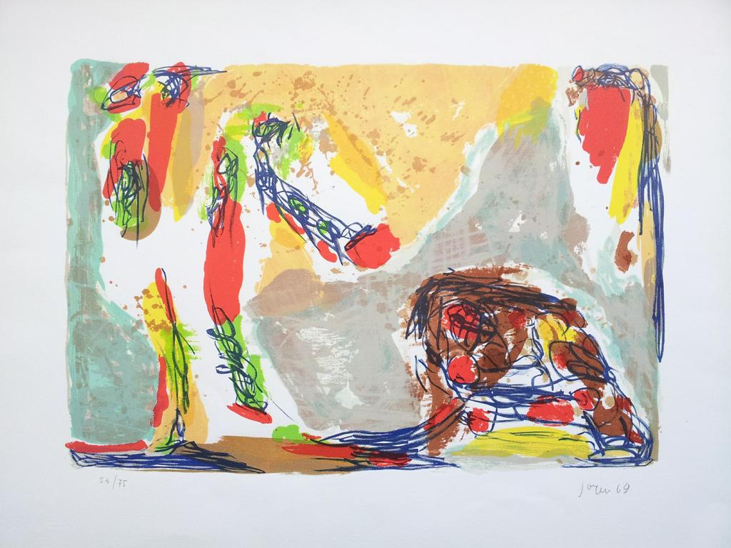Asger Jorn, kleurenlitho uit 1969, 'Trop Tot', S/N verkocht voor € 750!
