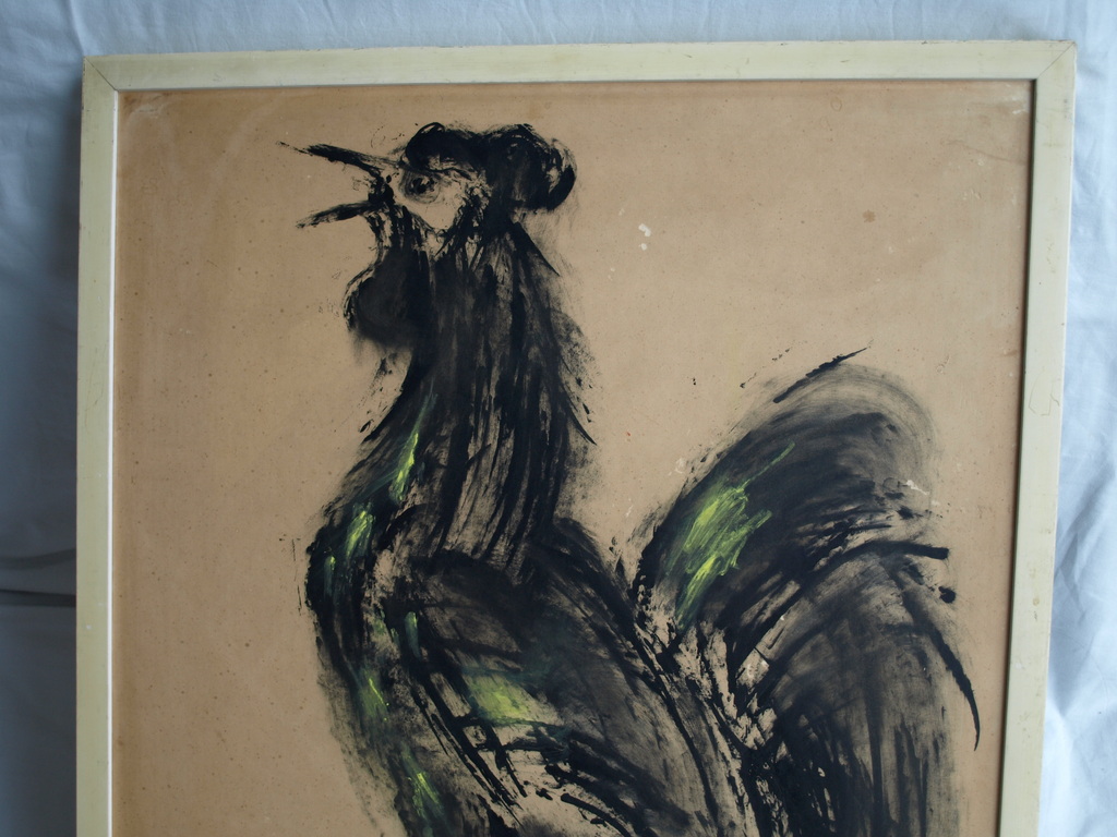 Onbekend : Gouache,  Haan - gesigneerd & ingelijst – ca 1950 kopen? Bied vanaf 65!