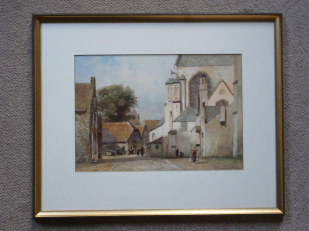 P.A. Schipperus - aquarel - Personen op straat achter kerk kopen? Bied vanaf 225!