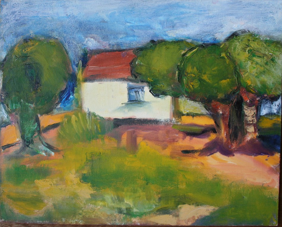 Ans Schillemans, acrylverf op doek, landschap met huisje kopen? Bied vanaf 1!