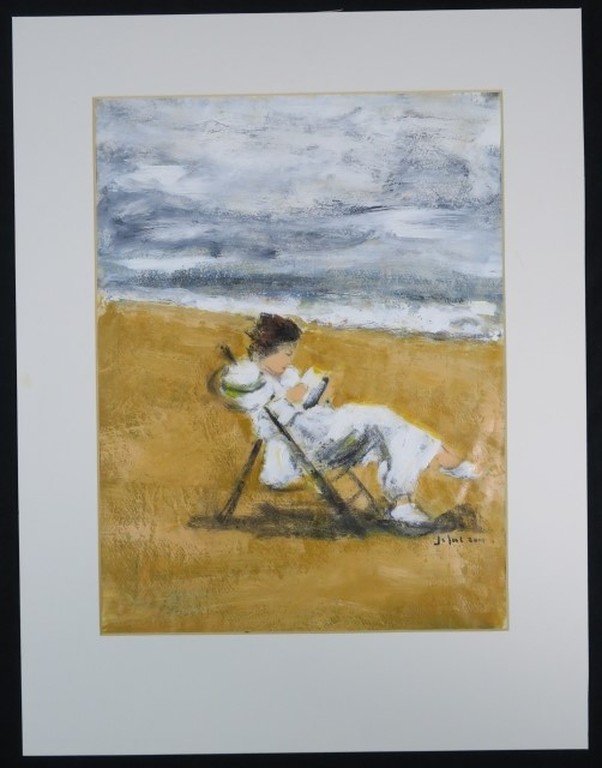 Jose van Gool: Acryl op papier, Lezende vrouw verkocht voor € 40!