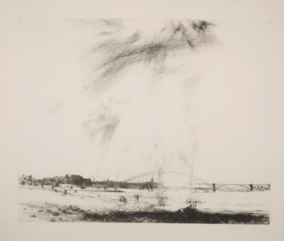 Willem den Ouden: Ets op Rijstpapier, Z.T. Landschap met brug verkocht voor € 100!