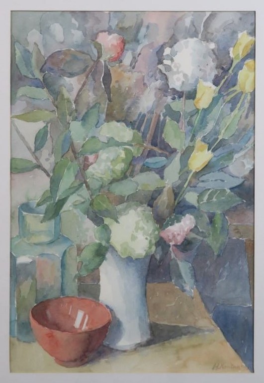 Han Koning: Aquarel, Bloemstilleven met rode kom - Ingelijst kopen? Bied vanaf 1!