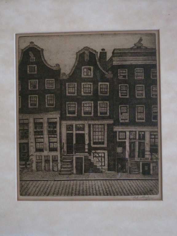 Sal Meijer 1877-1965 - Ets Amsterdam grachtenhuizen - handgesigneerd  verkocht voor € 165!