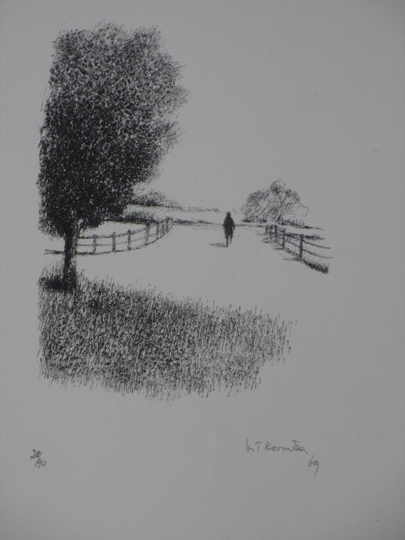 Metten Koornstra, Figuur in surrealistisch landschap. Litho kopen? Bied vanaf 50!