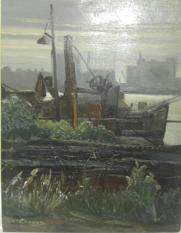 A.J.A. Hagen, klassiek schilderij olieverf op paneel, Havengezicht verkocht voor € 175!